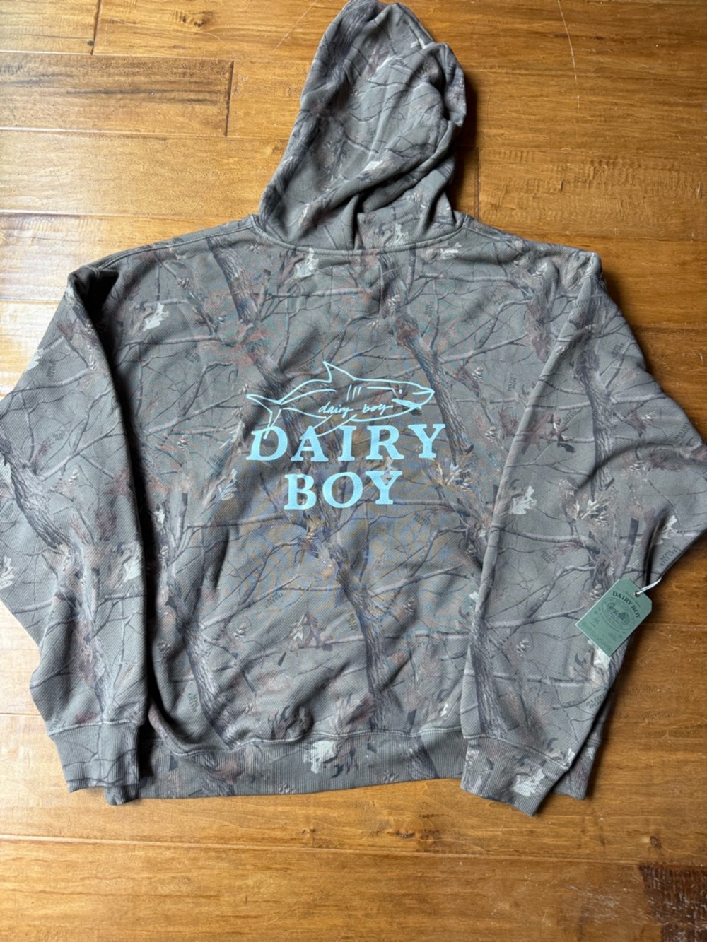 Dairy Boy Women's Hooded Sweatshirt - Shark Camo with Light Blue Logo